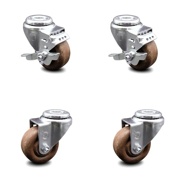 3 Inch High Temp Glass Filled Nylon Swivel Bolt Hole Caster Set with 2 Brakes